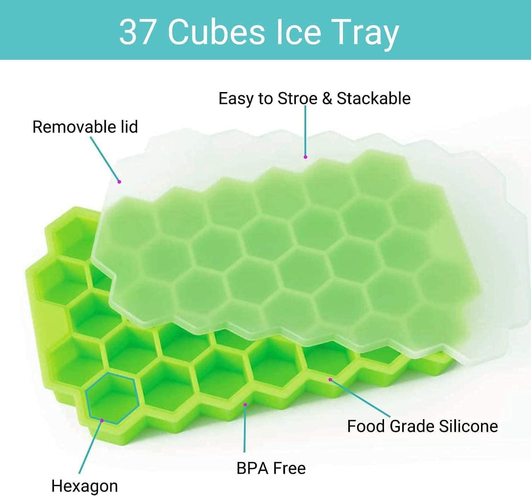 Green ice cube tray with features highlighted on a white background