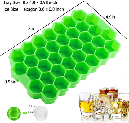 Green silicone ice cube tray with dimensions and examples of use.
