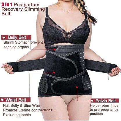 Woman wearing a 3-in-1 postpartum recovery slimming belt with text describing its features.