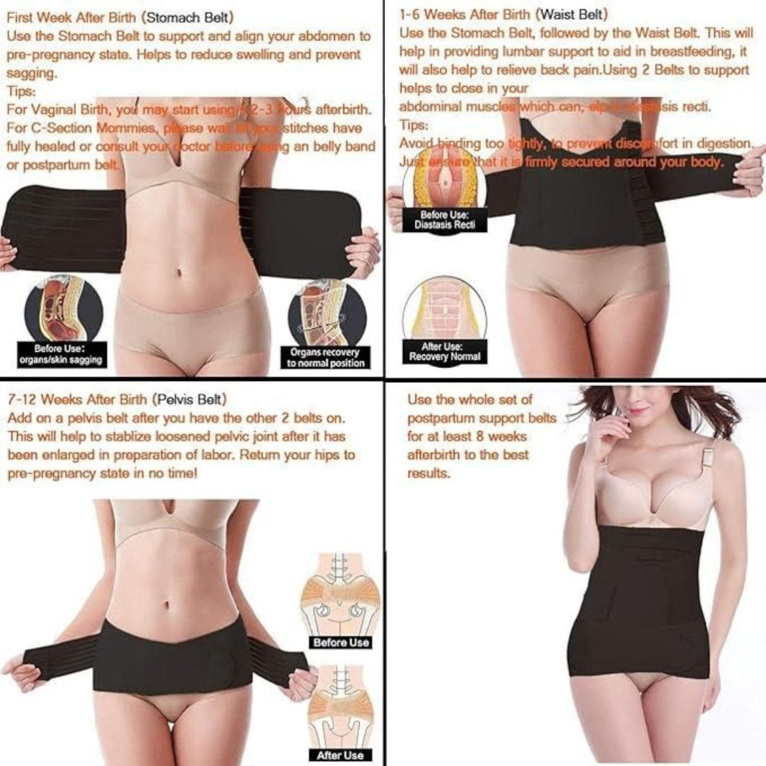 Instructions on using a postpartum support belt with images of a woman wearing it at different stages after birth.