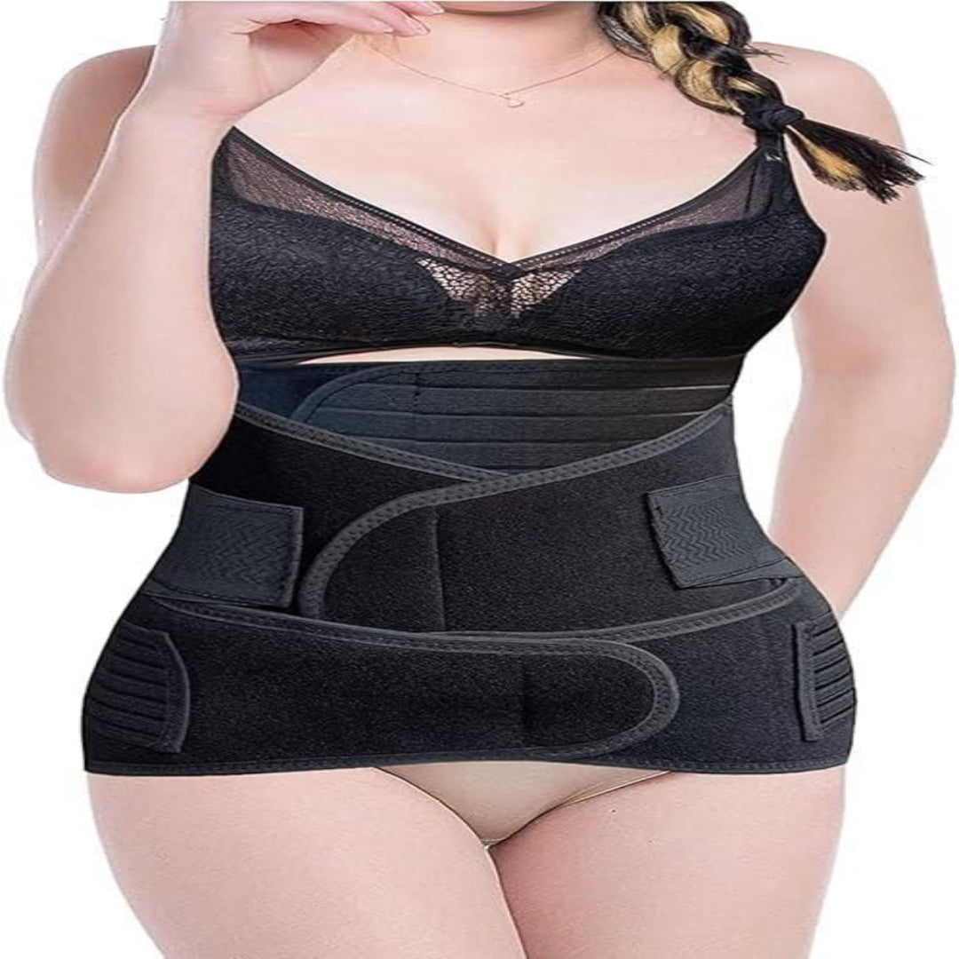 Black waist trainer worn by a person on a white background