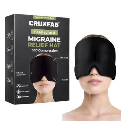 Cruxfab headache and migraine relief hat with packaging on a white background