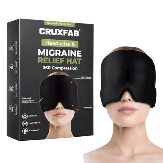 Cruxfab headache and migraine relief hat with packaging on a white background