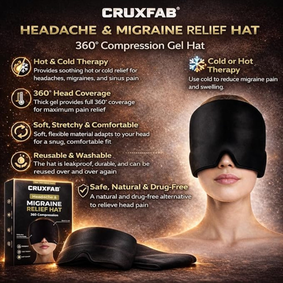 Cruxfab headache and migraine relief hat with features and packaging on a dark background