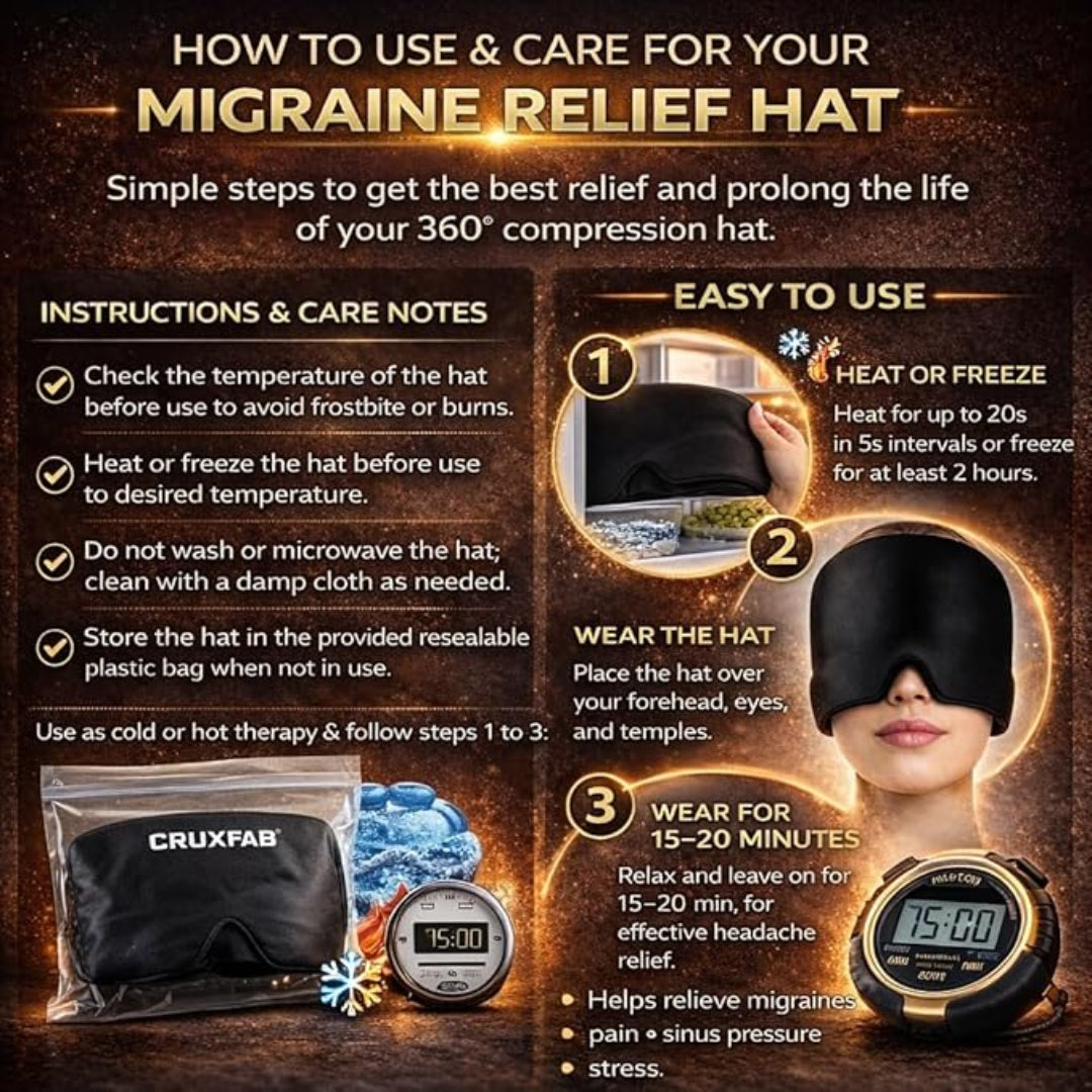 Instructions for using and caring for a migraine relief hat with branding and product images.