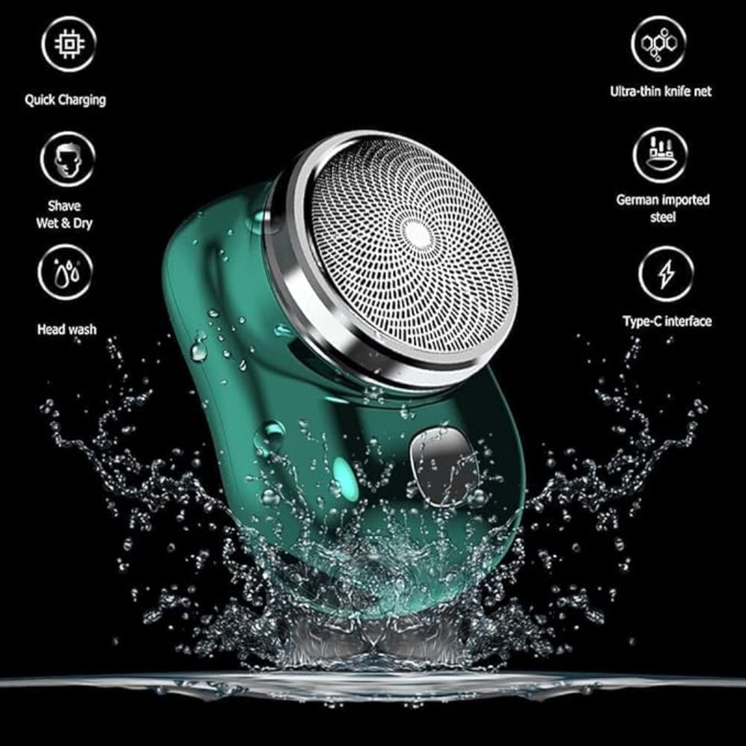 Green electric shaver with water splashes on a black background, featuring charging and functionality icons.