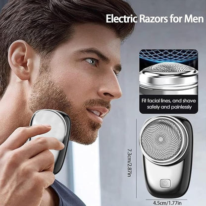 Man using an electric razor with product details on a gray background