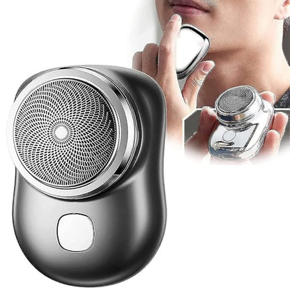 Shaver head with a close-up of a person using it on their face.