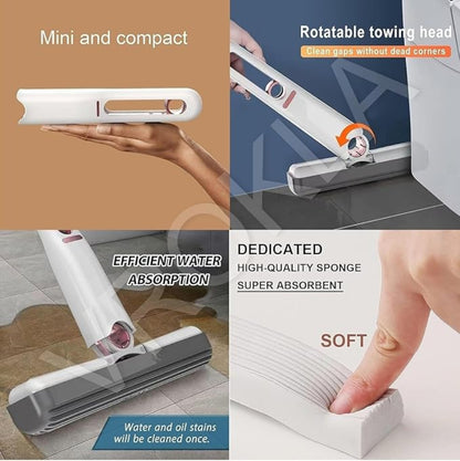 Product features of a cleaning tool with text highlighting its compact size, rotatable head, water absorption, and sponge quality.