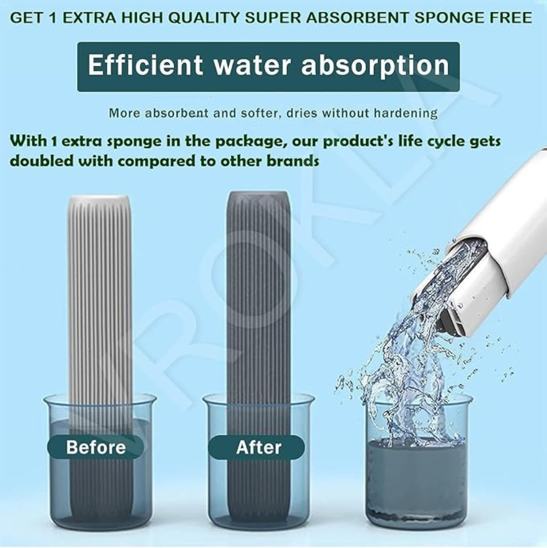 Product demonstration of water absorption with two sponges labeled 'Before' and 'After', and a faucet pouring water.