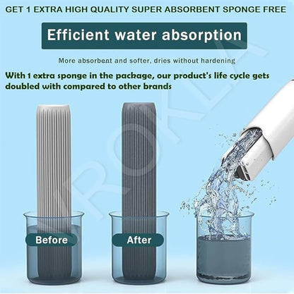 Product demonstration of water absorption with two sponges labeled 'Before' and 'After', and a faucet pouring water.