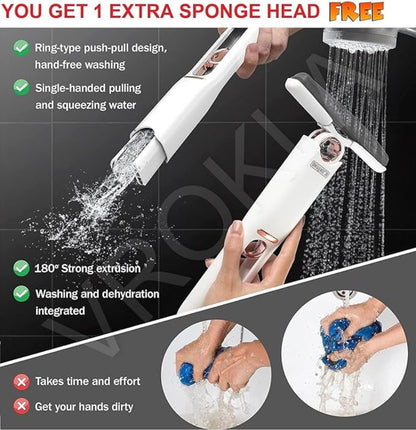 White handheld shower cleaning device with text highlighting features and benefits on a black background.