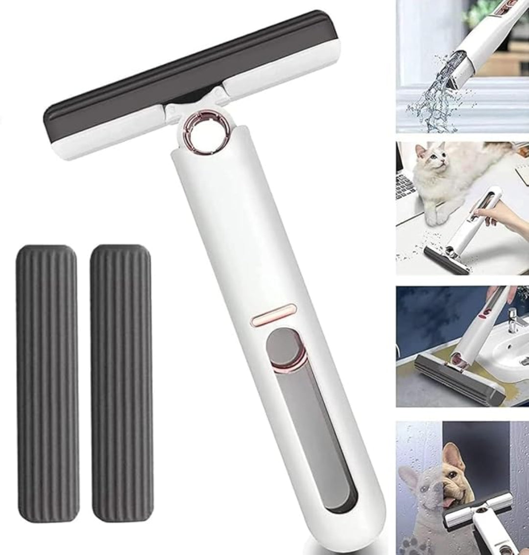 Cleaning tool with squeegee and scrubber heads, used for window cleaning and pet hair removal.