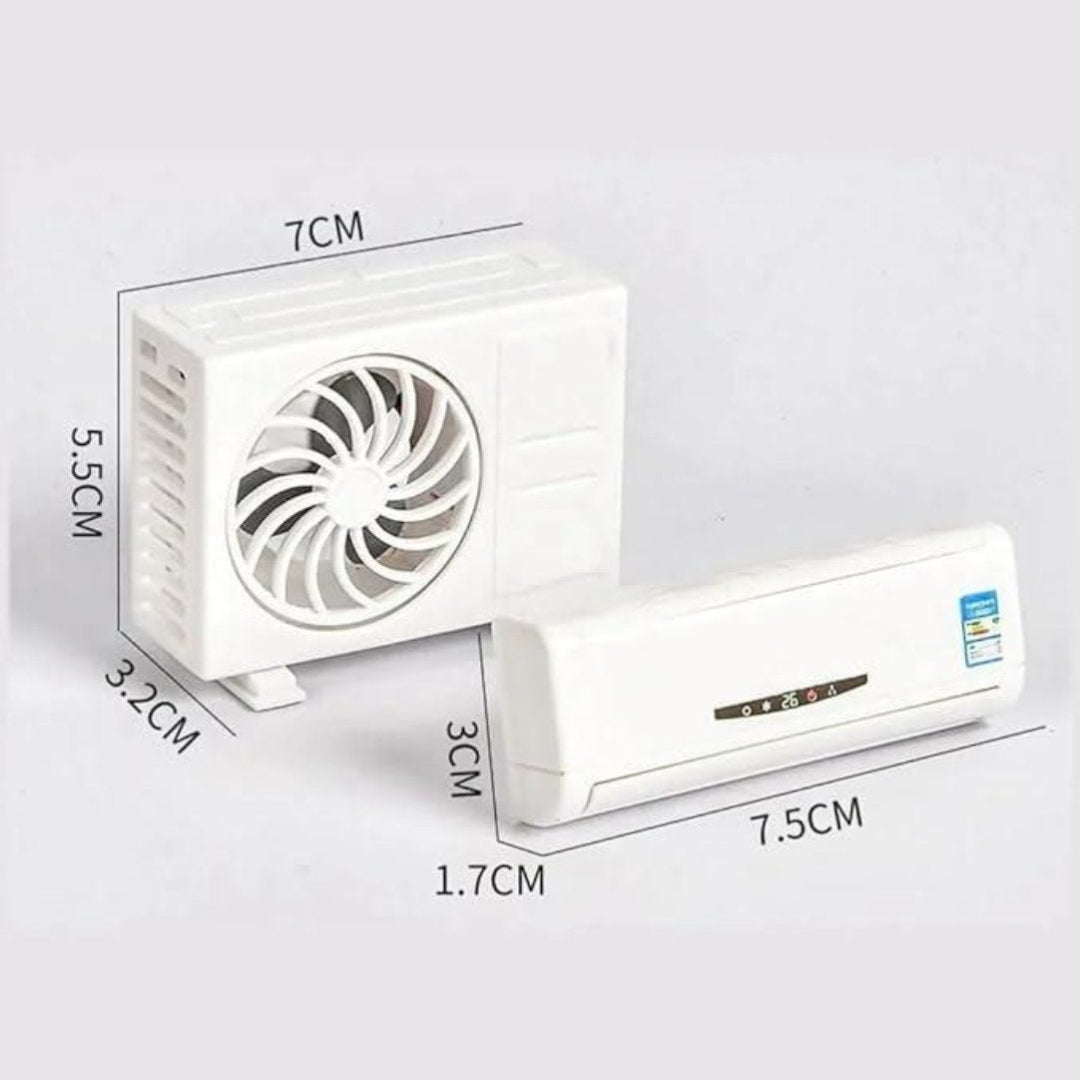 White air conditioner unit with dimensions labeled on a light gray background