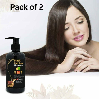 An advertisement image featuring a bottle of BLOSDREAM Black Hair Shampoo with a label indicating it is a '3 in 1' formula. The package promises a buy one get one free offer.