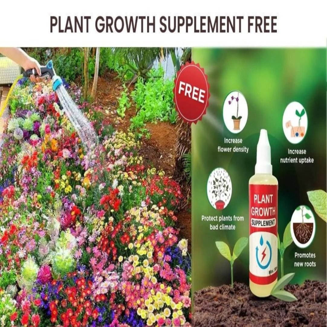 Advertisement image for a plant growth supplement, showing a bottle of the supplement and a vibrant garden with blooming flowers. Insets show close-up views of the supplement bottle and the garden.