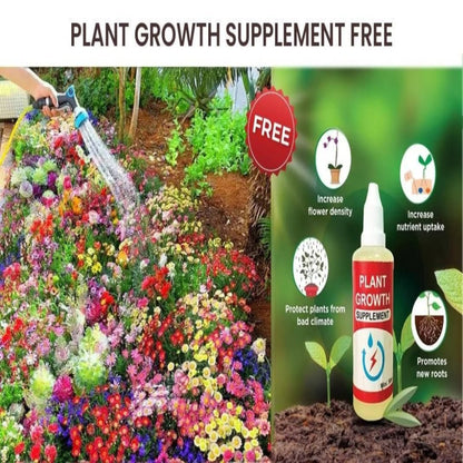 Advertisement image for a plant growth supplement, showing a bottle of the supplement and a vibrant garden with blooming flowers. Insets show close-up views of the supplement bottle and the garden.