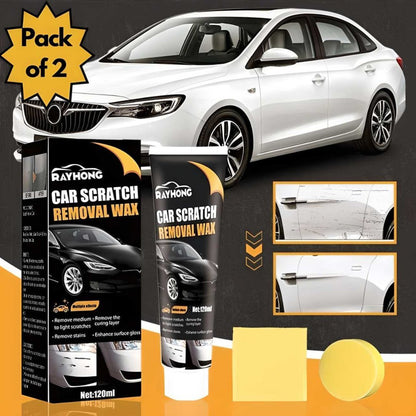 The image shows a package of Rayong Car Scratch Removal Wax with a tube and examples of before and after usage on a car.