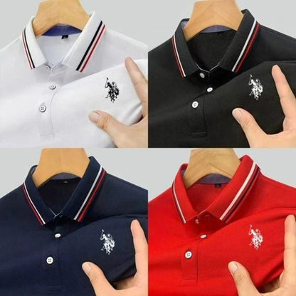 A collage of four Men's Solid Half Sleeves Polo Neck T-Shirts displayed on hangers, showing white, black, blue, and red colors with contrasting collar details.