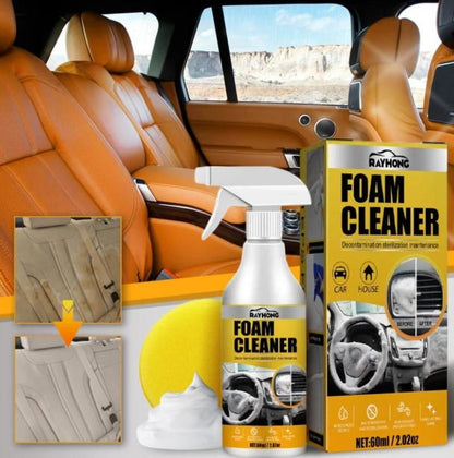 A promotional image of Rayong Multi-Purpose Foam Cleaner, showing the product packaging, a bottle spray, and an inset of a car seat before and after cleaning demonstrating the product's effectiveness.
