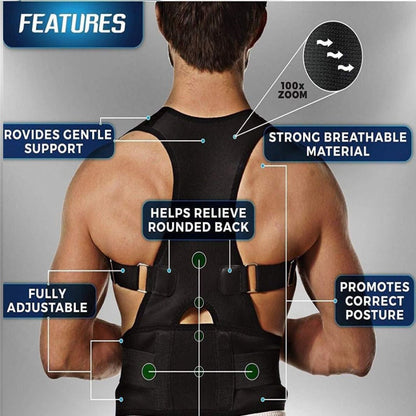 A person wearing a black posture corrector belt with various features highlighted such as rovides gentle support, strong breathable material, helps relieve round back, fully adjustable posture, and promotes correct posture.