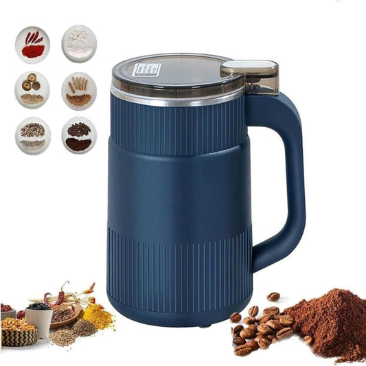 A blue stainless steel coffee and spice grinder with a handle and a transparent lid, surrounded by various spices and coffee beans.