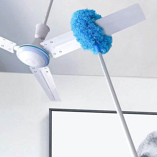 A ceiling fan cleaner duster with a blue microfiber head attached to a white handle, demonstrating its use on a ceiling fan.