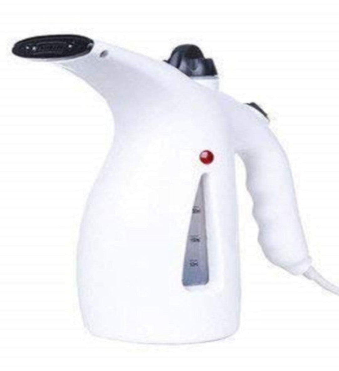 A white handheld garment steamer with control buttons and a power switch, designed for removing wrinkles from fabrics.
