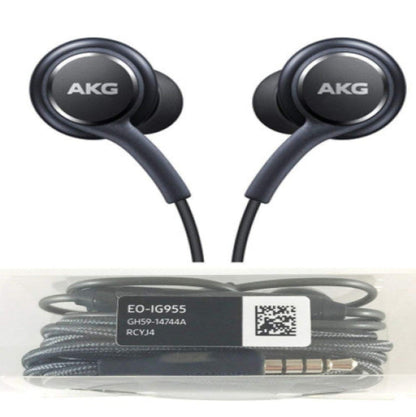 A pair of black AKG wired in-ear earphones with a microphone, displayed alongside its packaging which includes a durable cable.