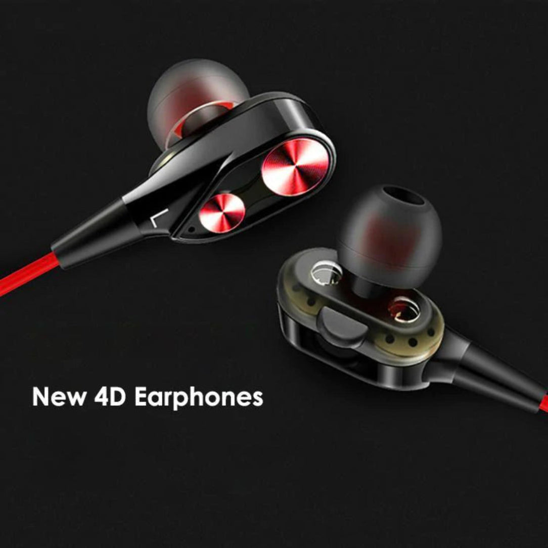 Black and red 4D earphones on a black background with 'New 4D Earphones' text.