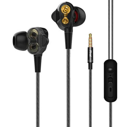 Pair of black in-ear headphones with a control unit on a white background