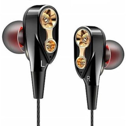 Pair of black and gold earphones with 'L' and 'R' labels on a white background