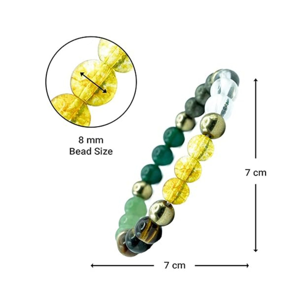 Beaded bracelet with measurements and close-up of beads on a white background