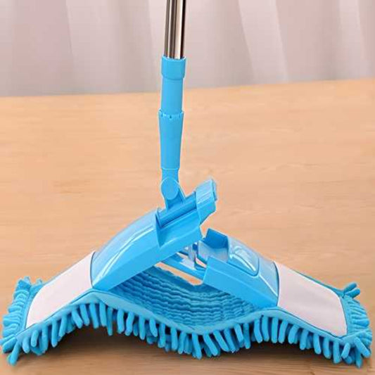 Blue microfiber mop on a wooden surface with a neutral background