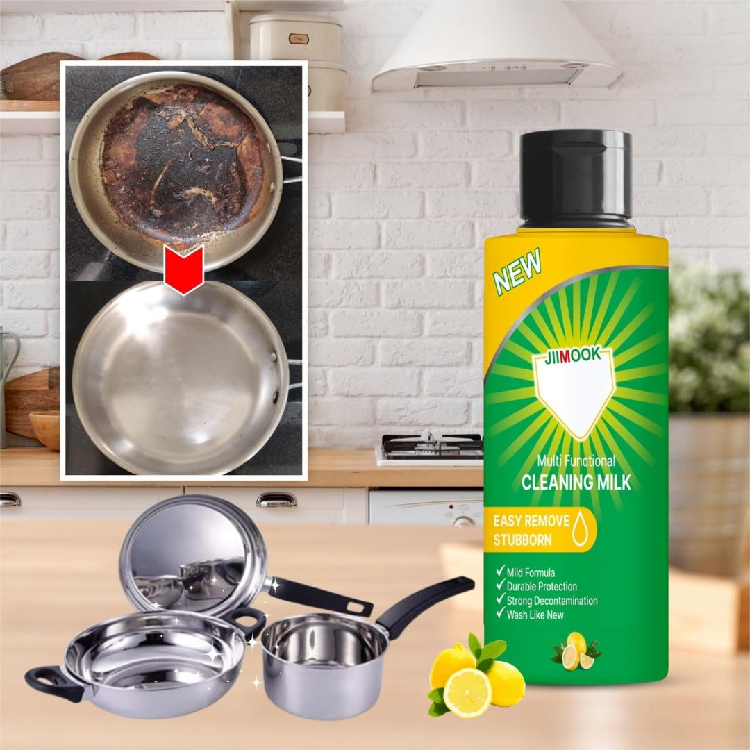 Cleaning milk bottle with a before-and-after comparison of a rusty pan on a kitchen counter.