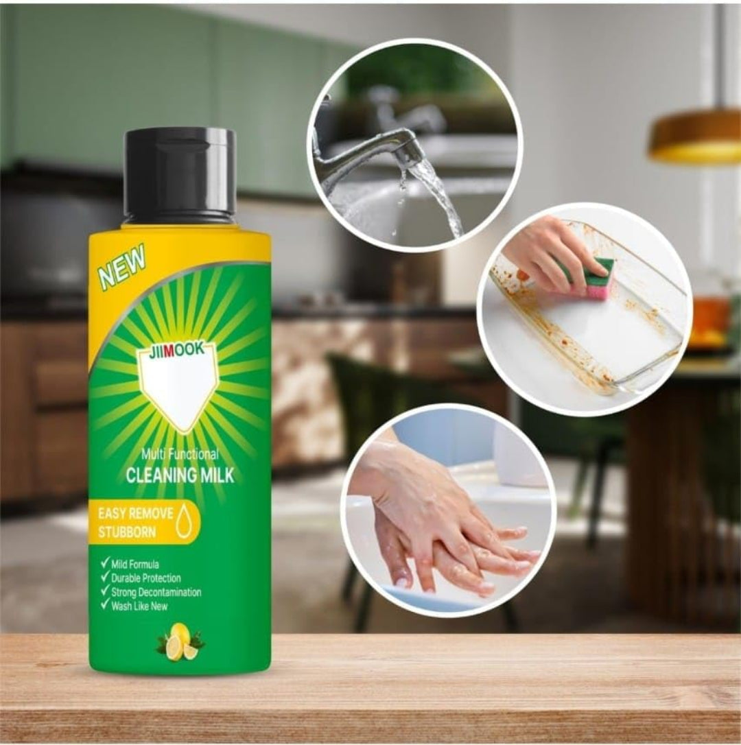 Jimook cleaning milk bottle with usage scenarios on a blurred kitchen background