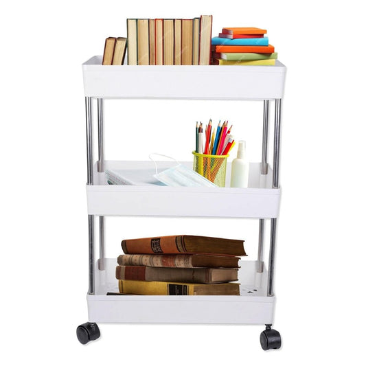 A white, multipurpose storage organizer with three layers and wheels, containing books and stationery on its shelves.