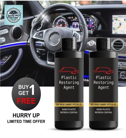 Two bottles of Nano Plastic Revitalizing Coating Agent for Car with a promotional offer of 'Buy One Get One Free' displayed in a car interior background.