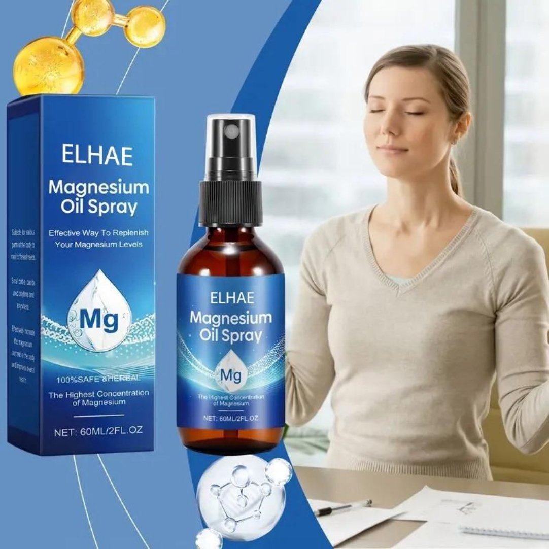 The image shows a bottle of ELHAE Magnesium Oil Spray with its packaging. The bottle is transparent with a blue label, and there is a spray nozzle on top.