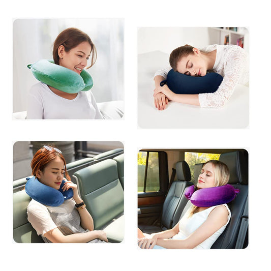 Collage of people using neck pillows in various settings