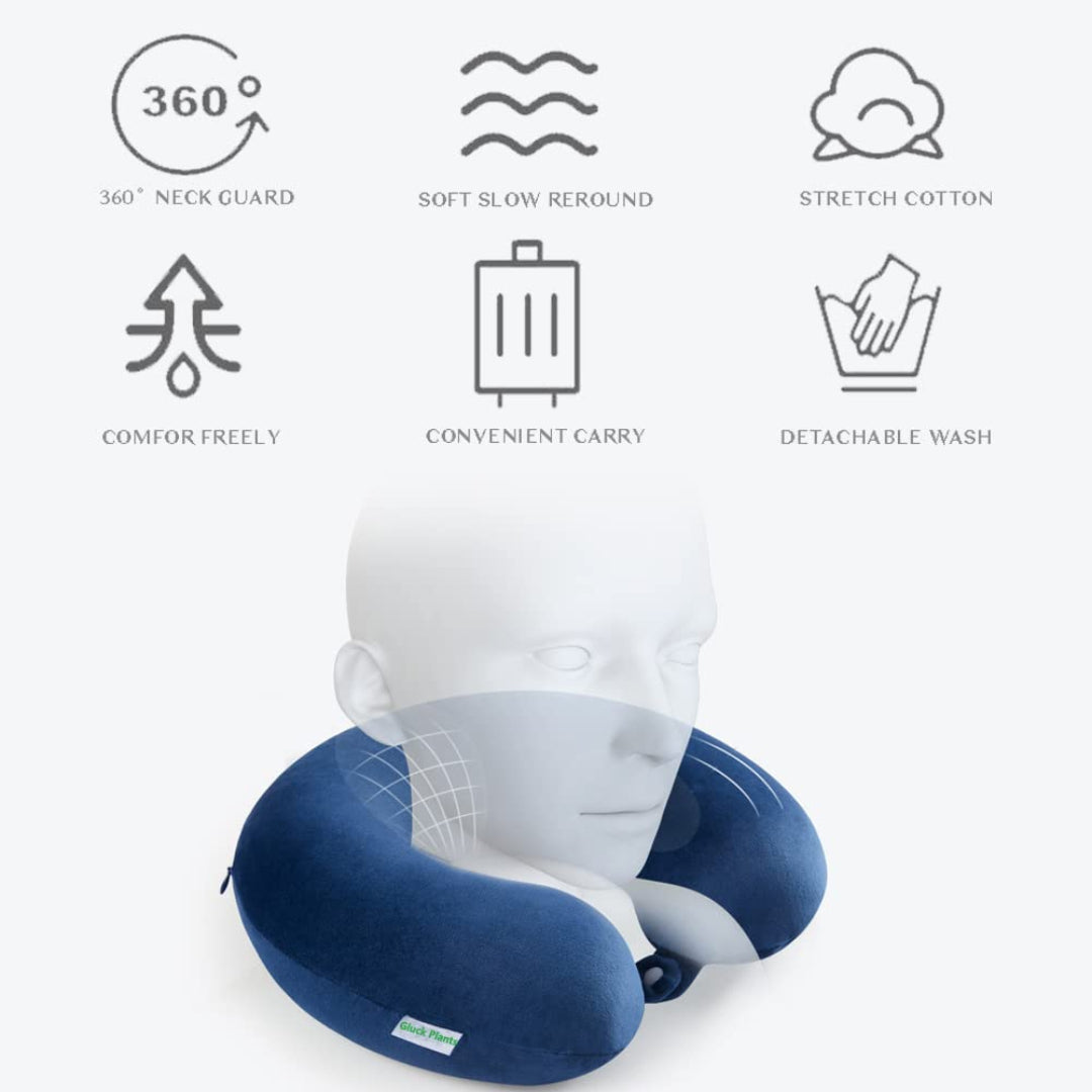 Blue travel neck pillow with features listed on a white background