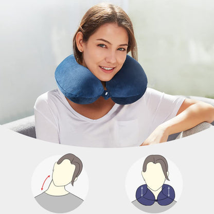 Woman using a blue neck pillow with inset illustrations showing its use.