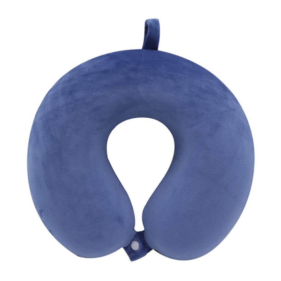 Blue U-shaped travel neck pillow on a white background