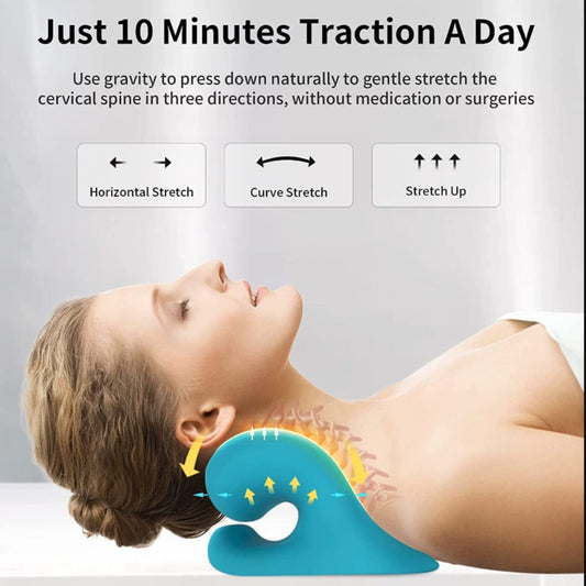 Person using a cervical traction device with text about daily traction benefits on a gray background