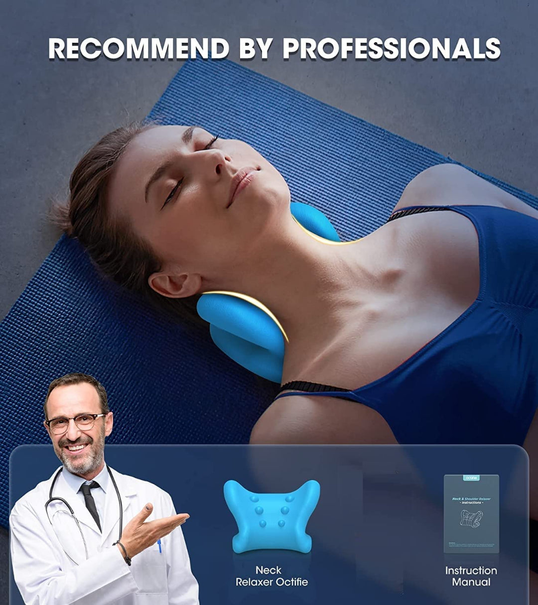 Woman using a neck relaxer with a doctor recommending it, on a blue mat.