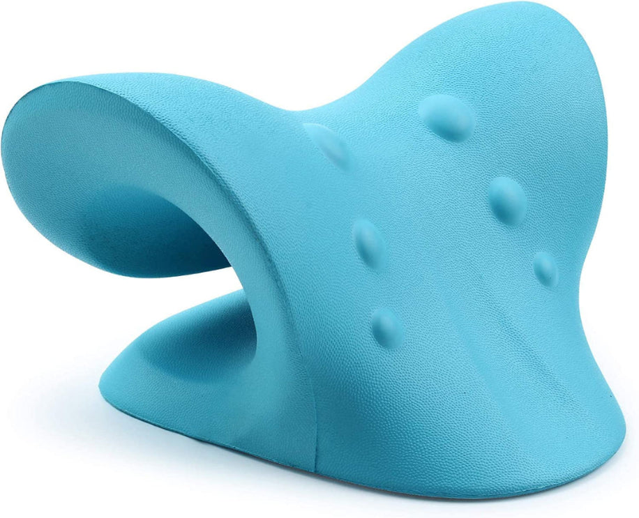 Blue neck pillow with textured surface on a white background