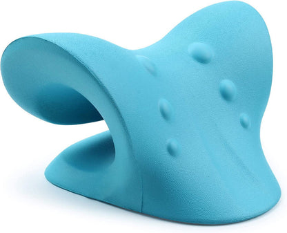 Blue neck pillow with textured surface on a white background
