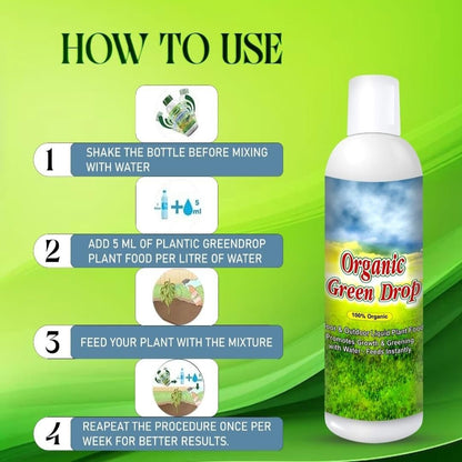 Instructions on how to use Organic Green Drop plant food with a green background