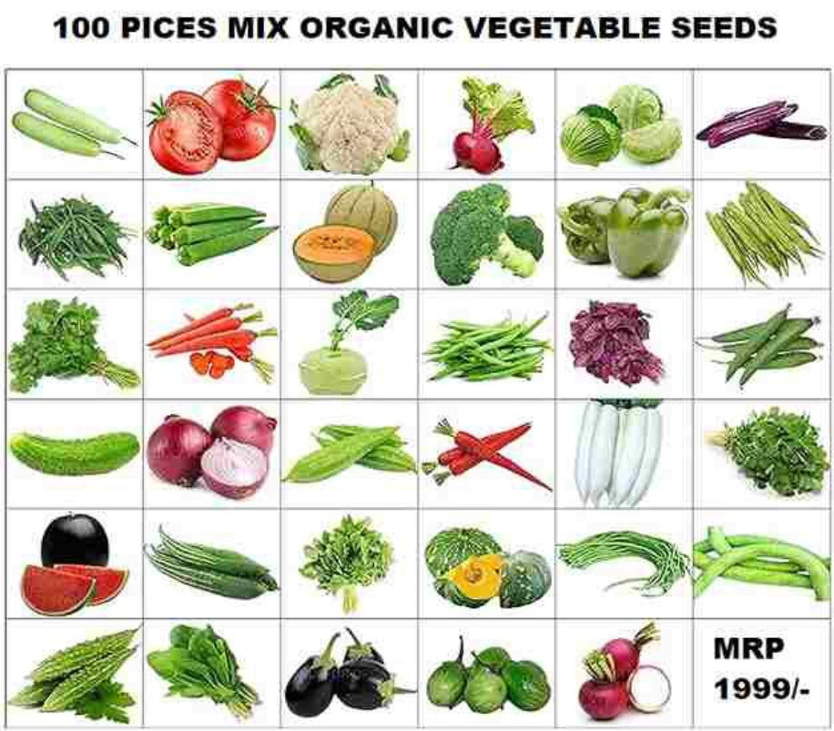 100 pieces mix organic vegetable seeds with images of various vegetables and MRP price.