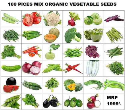 100 pieces mix organic vegetable seeds with images of various vegetables and MRP price.